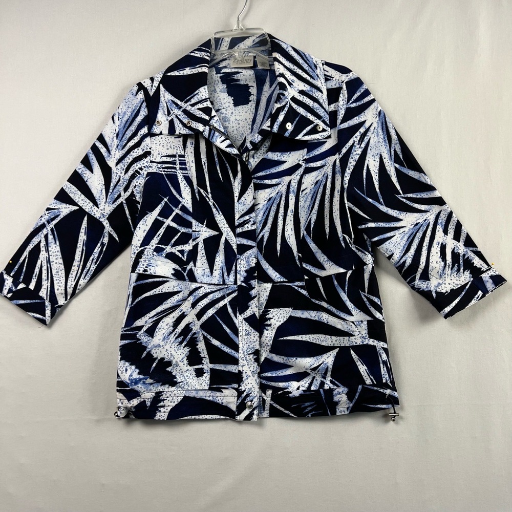 Chicos 0 Jacket Womens Small Athletic Full Zip Floral Beach Tropical Blue